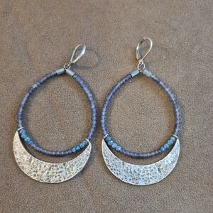 Artisan-Made Beaded Teardrop Earrings - Blue Beads & Hammered Silver Crescent